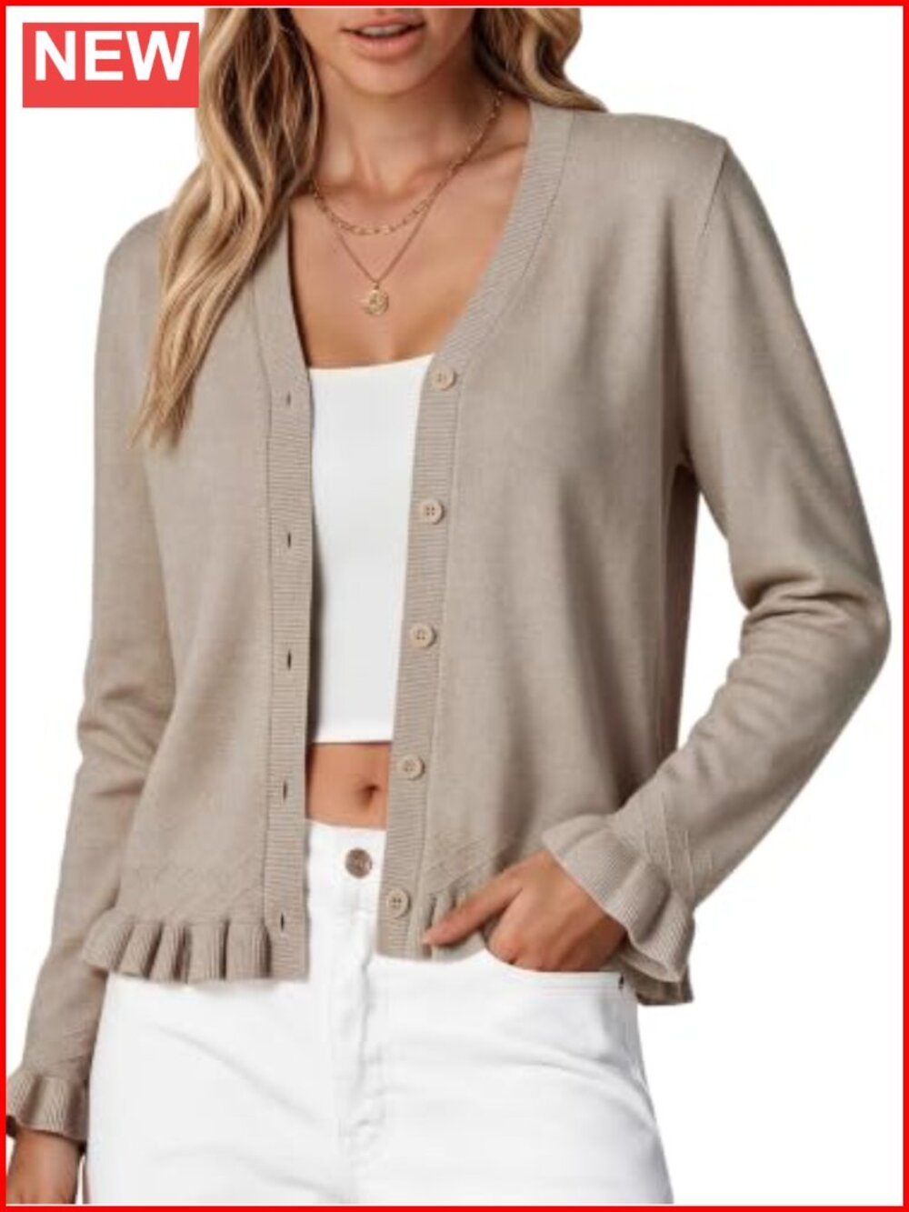 Women's Ruffle Cropped Cardigan V-Neck Button Long Sleeve Knit Sweater